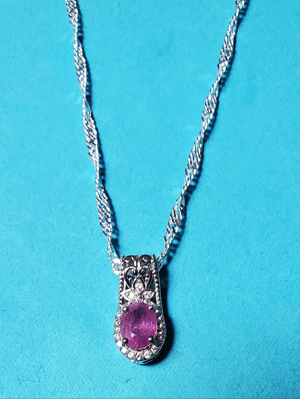 Ilikaka Hot Pink Sapphire Cambodian Zircon Pendant Necklace Platinum Plated - Picture 9 of 9